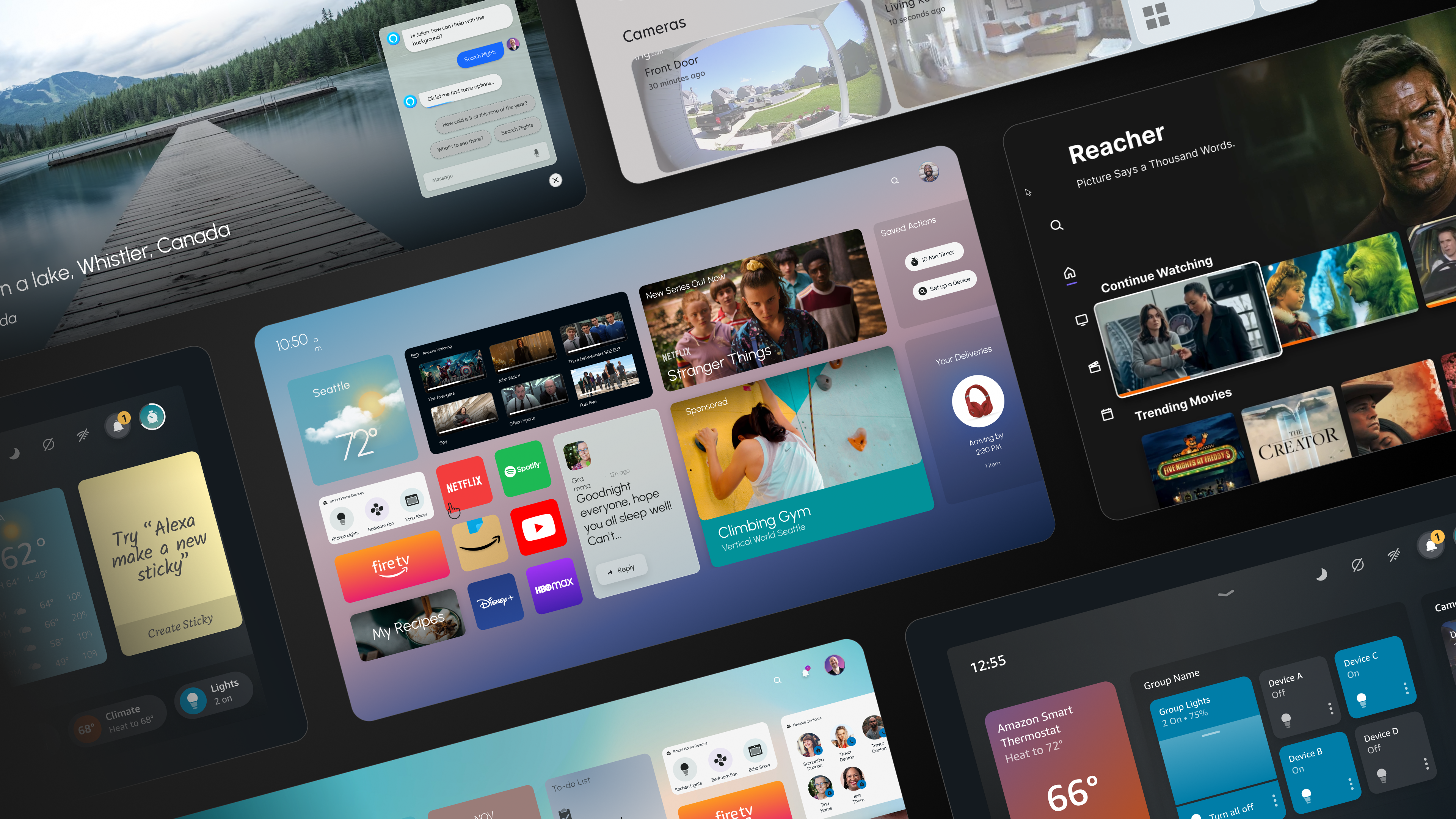 Collage of Amazon device home screens illustrating a unified navigation concept