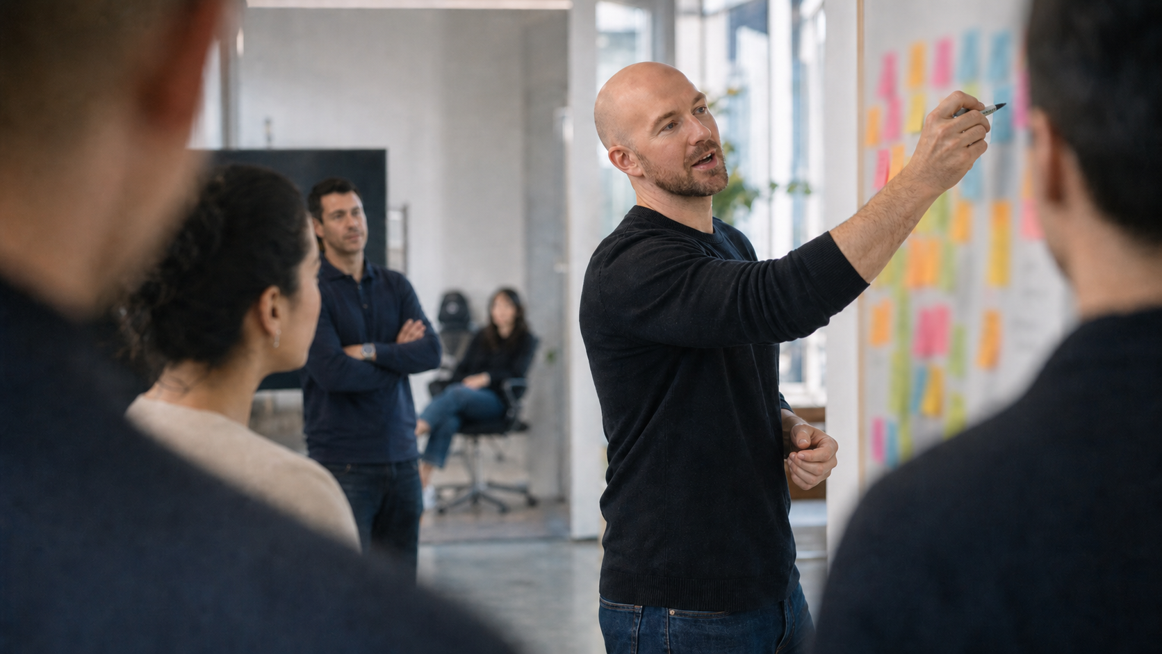 Julian Murphy facilitating a workshop at a whiteboard covered in sticky notes